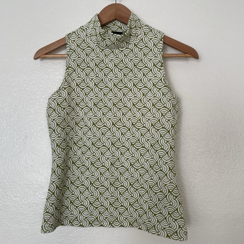 Anthropologie Maeve Ivory & Green Sleeveless Structured Mock Neck Top Size‎ XS